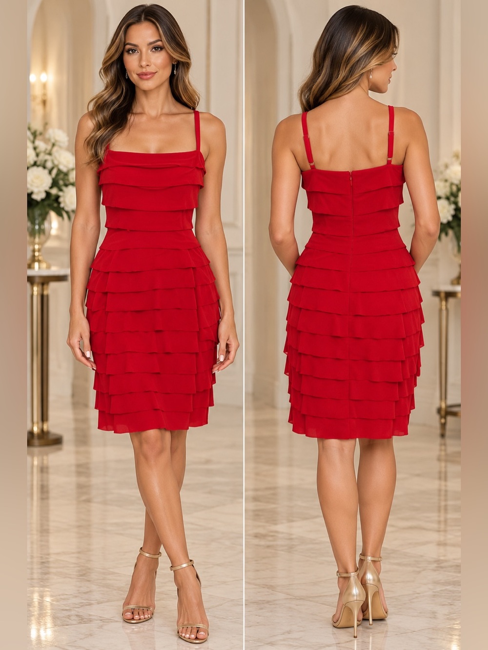 Evan-Picone Hollyberry Red Tiered Ruffle Cocktail Sheath Dress NWT 12